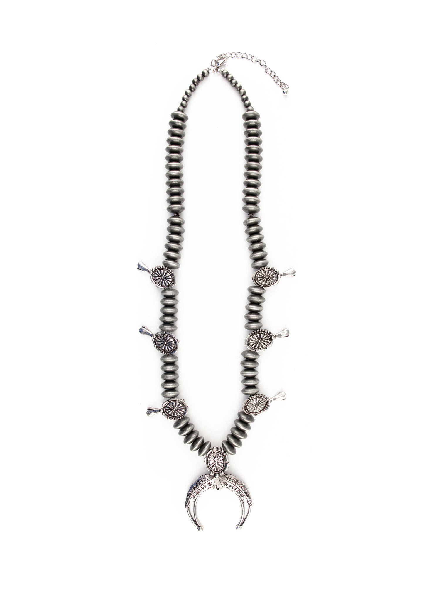 30" Faux Navajo Pearl Disc Squash Blossom Necklace