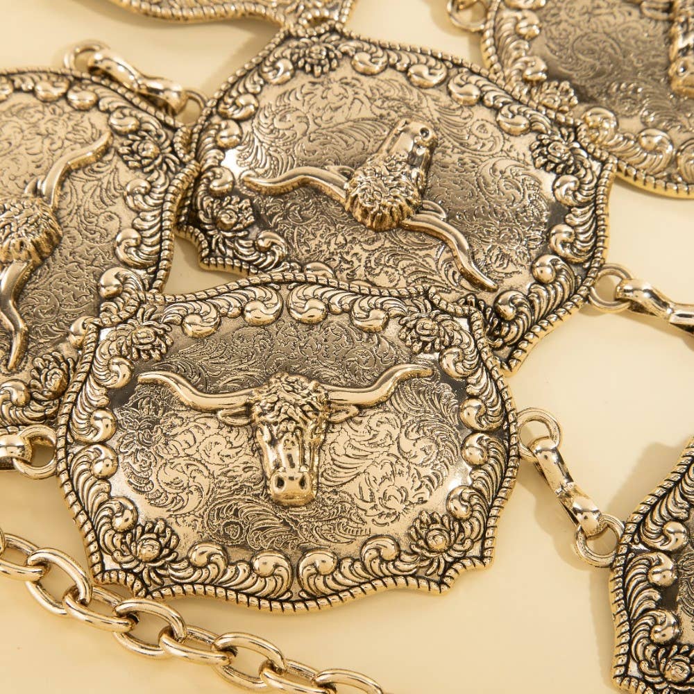 Western Longhorn Engraved Chain Belt