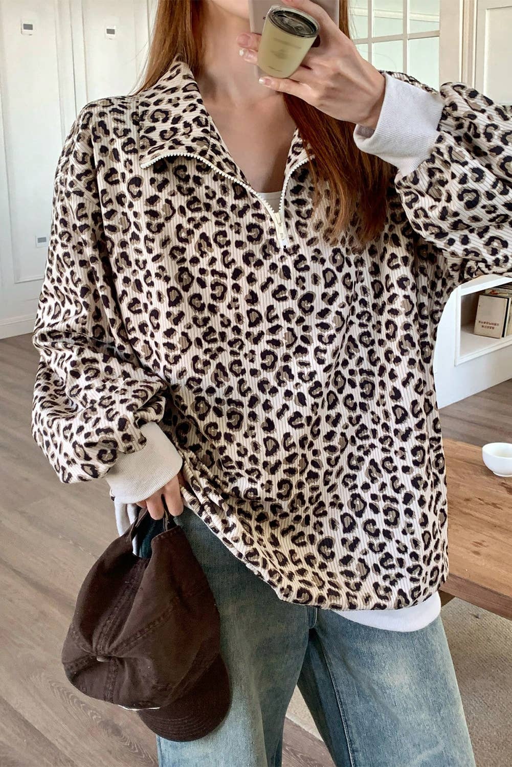 Beige Leopard Quarter Zip