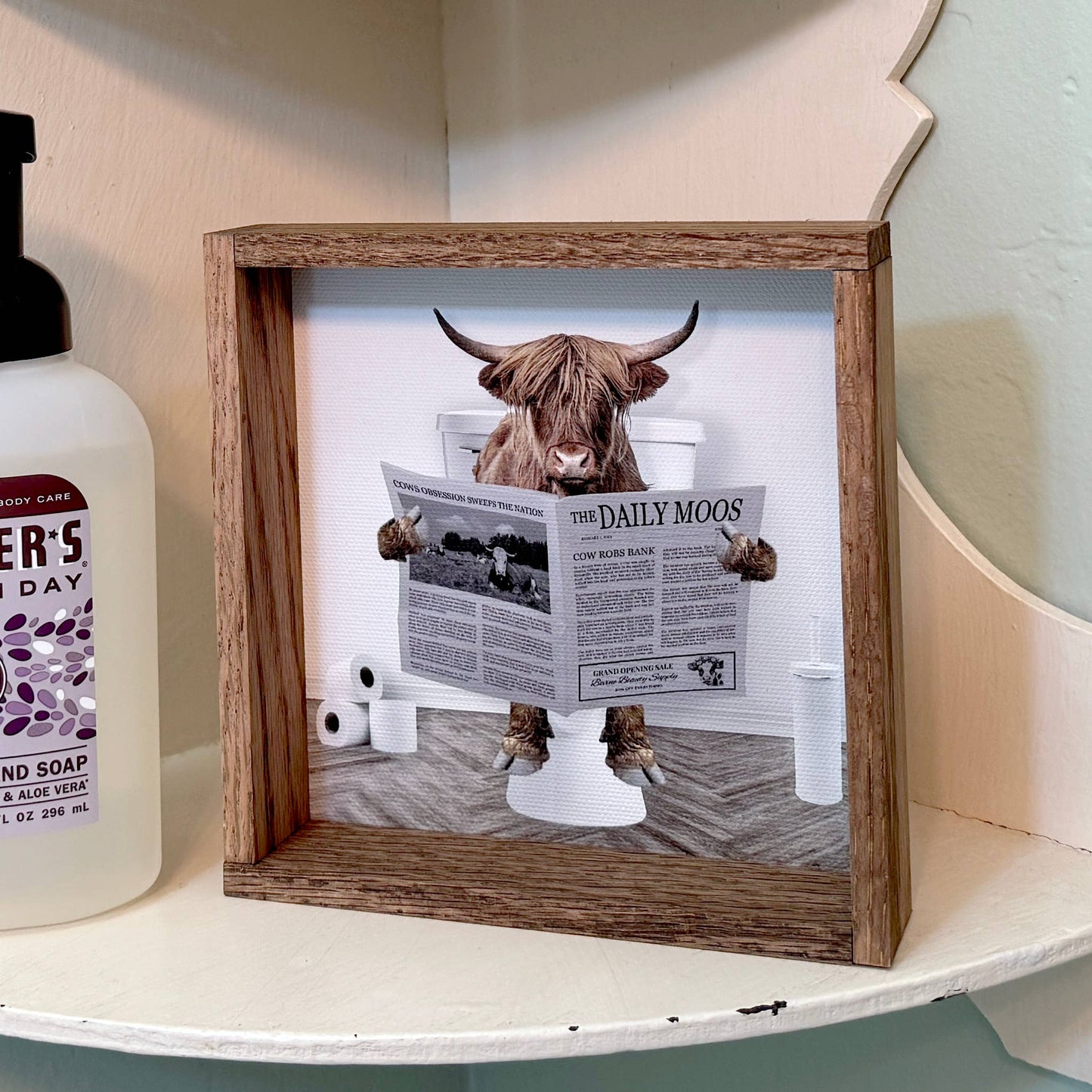 Highland Cow on Toilet Wood Frame Sign