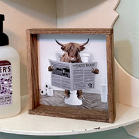Highland Cow on Toilet Wood Frame Sign