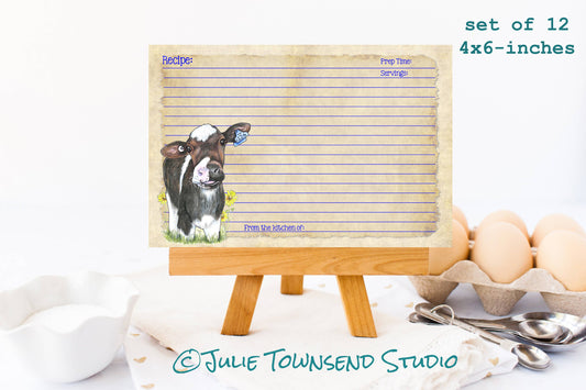 Set of 12  Cute Cow Recipe Cards