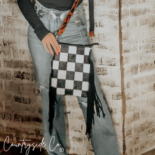 Checkered Cowhide Fringe Purse, Black & White