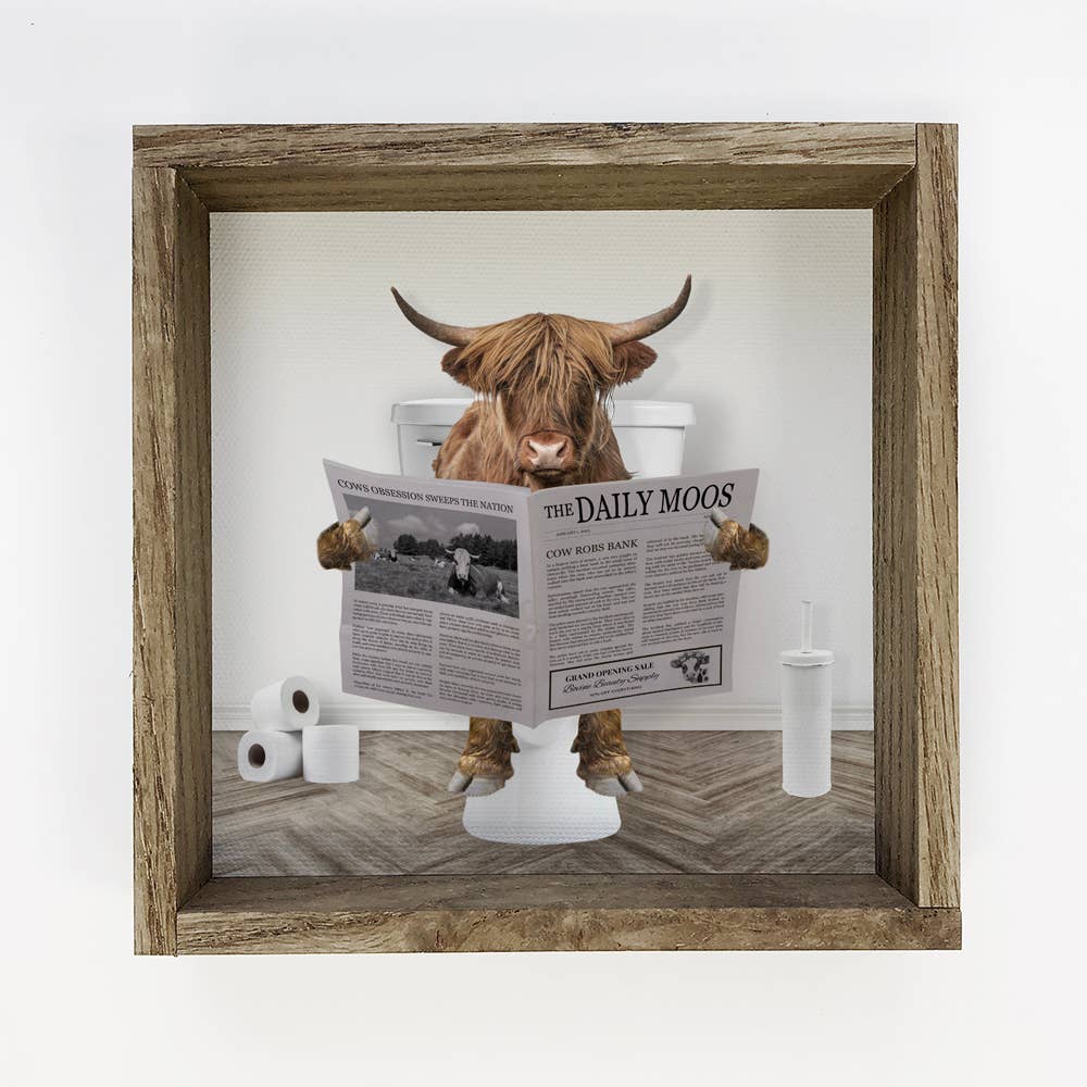 Highland Cow on Toilet Wood Frame Sign