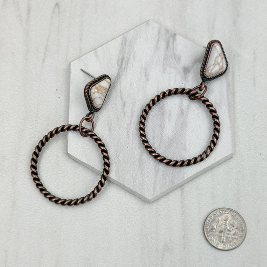 Copper Metal Circle with White Stone Earring