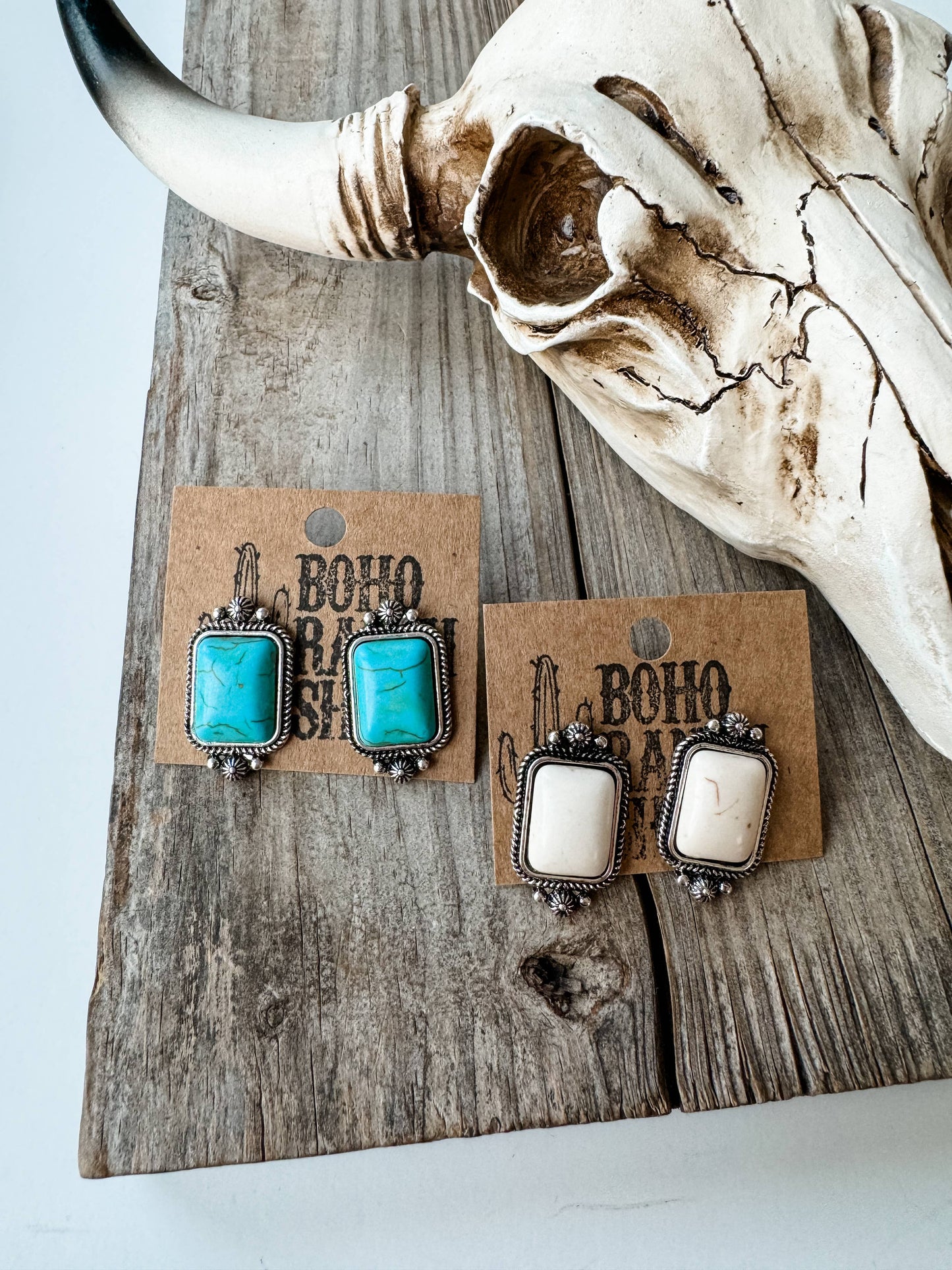 Western Rectangle Stone Earrings White