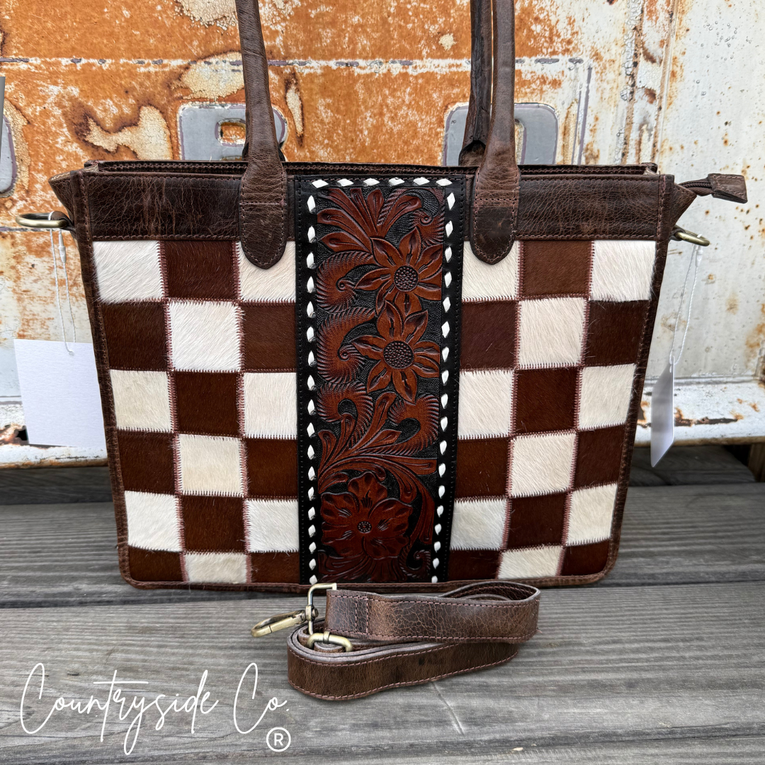Wynonna Cowhide Checkered Tote Handbag