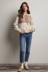 Two-Tone Knit Tie Neck Sweater