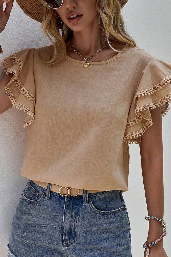 Plain Ruffle Sleeves Crew Neck Top