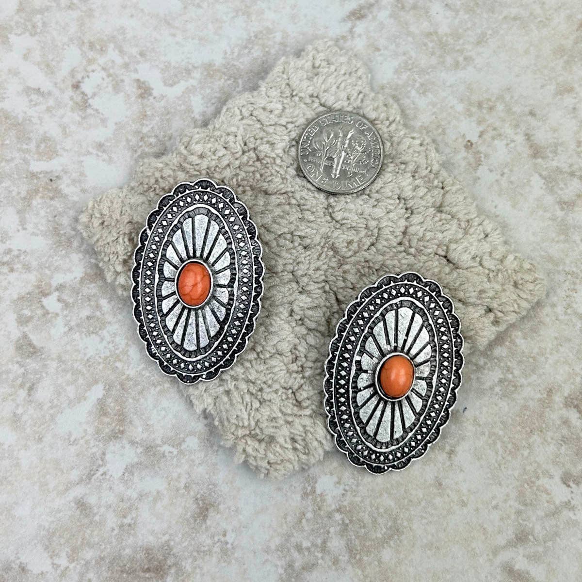 Silver with Orange Stone Oval Concho Earring