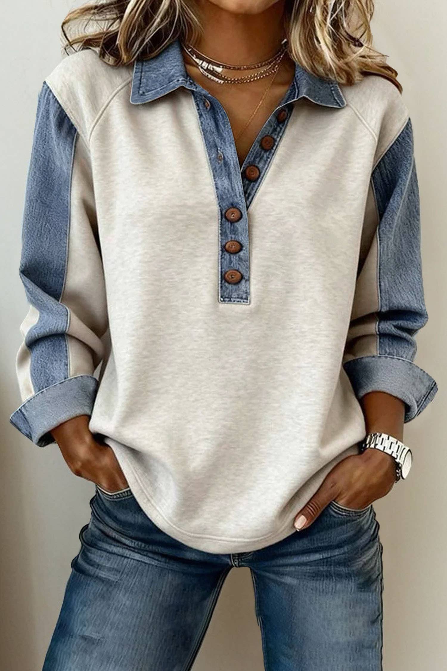 Denim Patchwork Collar Top