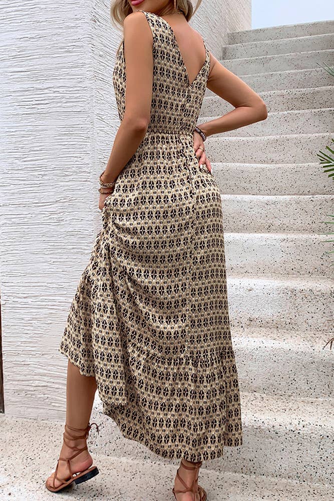 Diamond Print Sleeveless V-neck Summer Maxi Dress