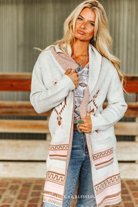 Ivory Soft Pink Aztec Knitted Cardigan