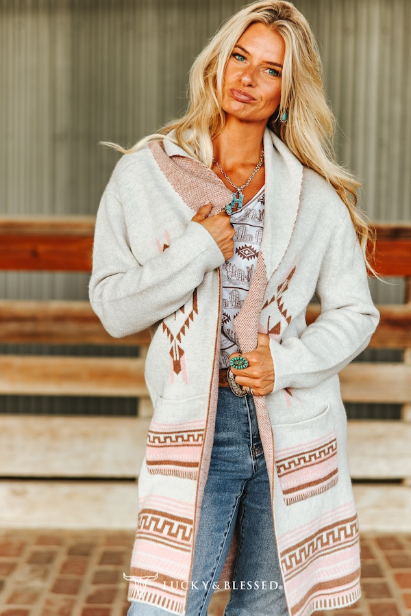 Ivory Soft Pink Aztec Knitted Cardigan