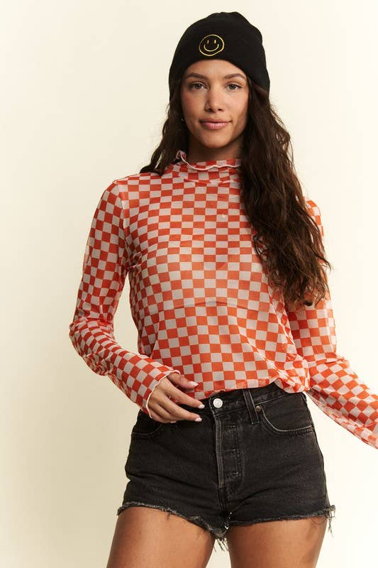 Checkered Print Mesh Top