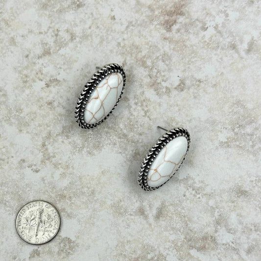 White Stone Oval Post Earrings