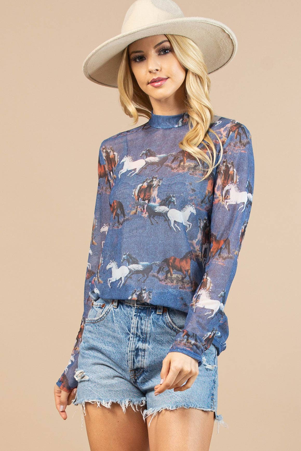 Semi Sheer Horse Print Mock Neck