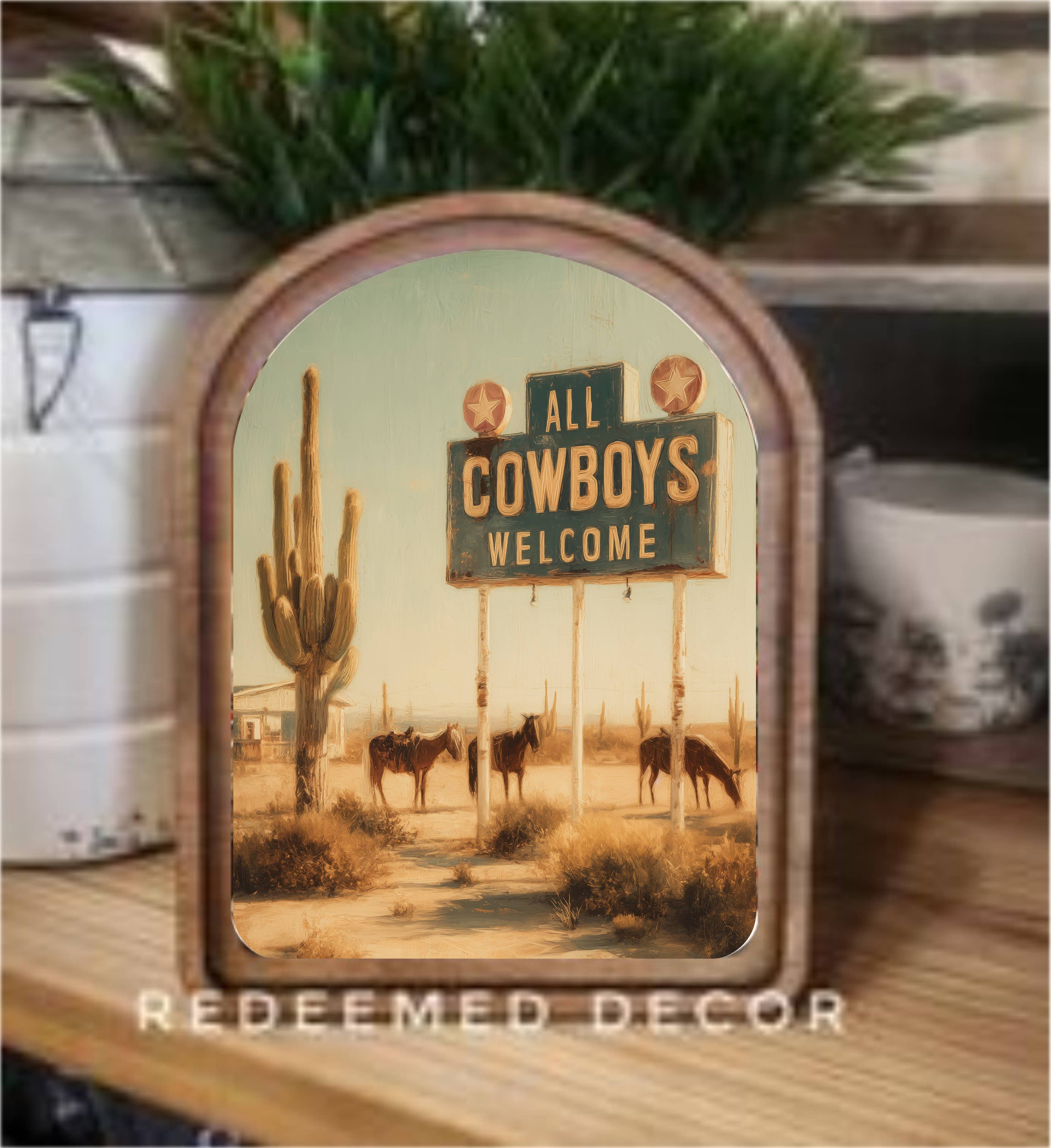 Arch Top All Cowboys Welcome Framed Art