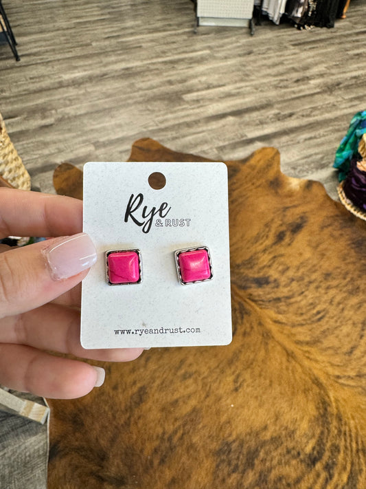 Pink Square Stone Post Earrings