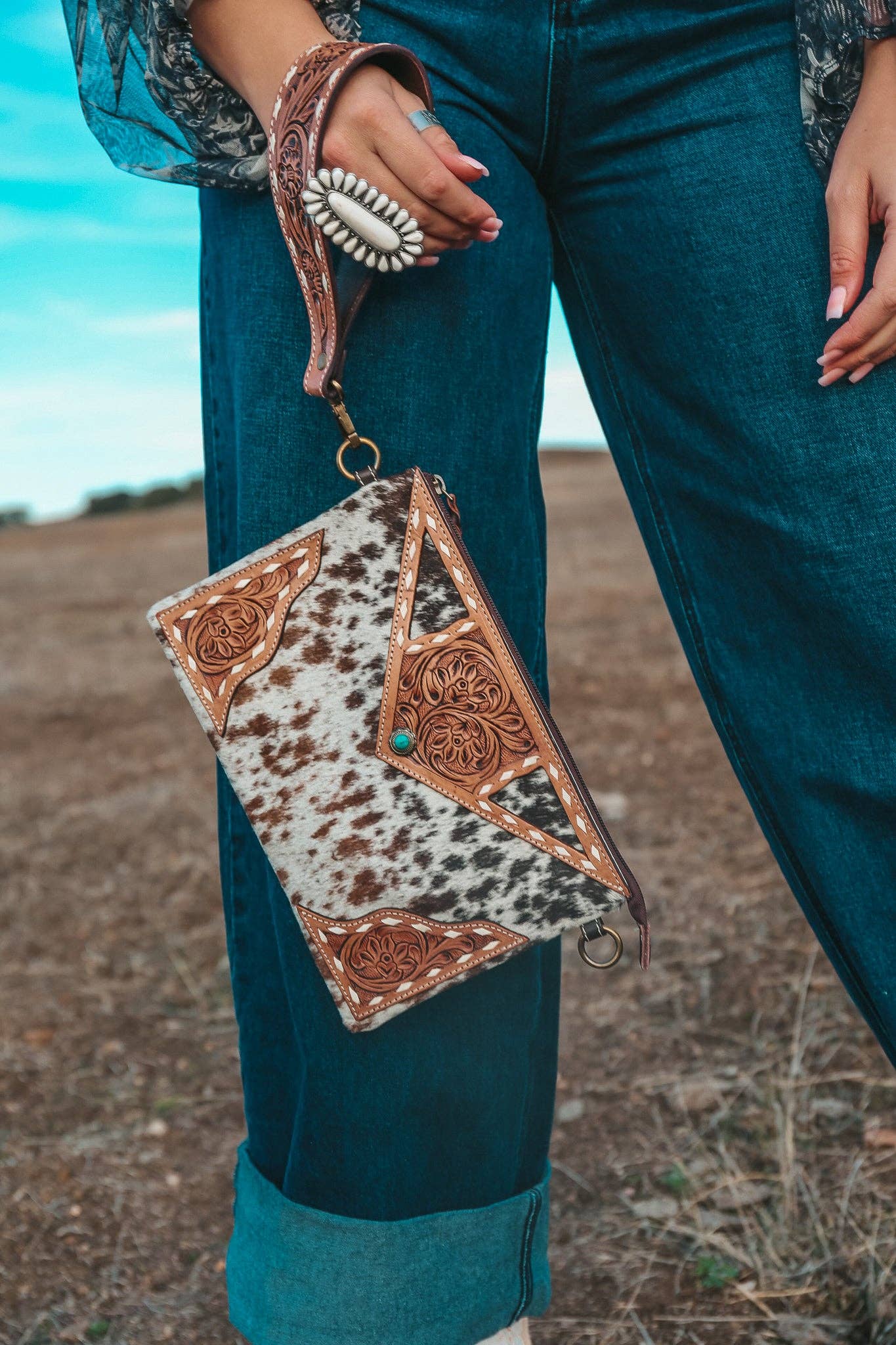 The Claudette Cowhide Leather Wristlet / Crossbody Purse