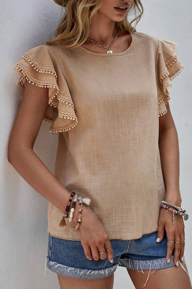 Plain Ruffle Sleeves Crew Neck Top