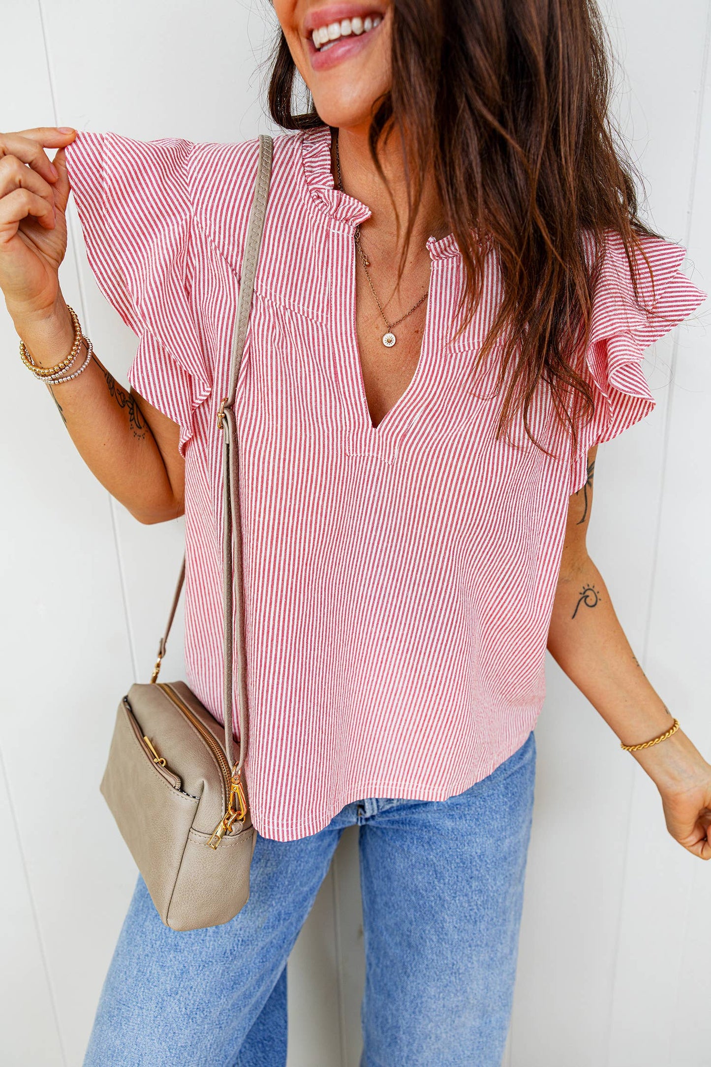 Split Neck Double Ruffled Blouse