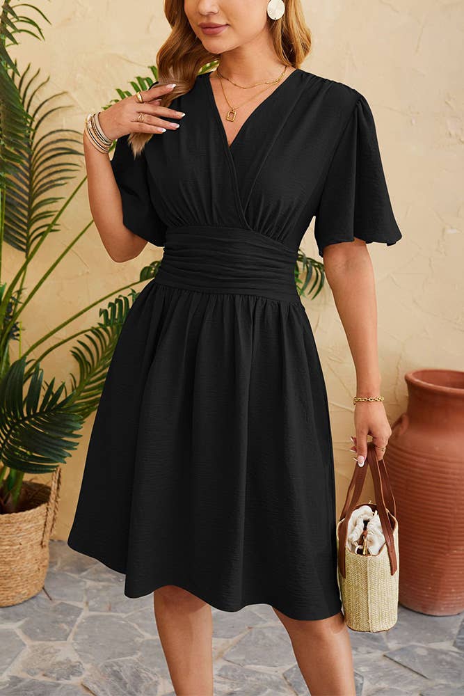 Frilled V-Neck Flare Sleeves Flowy Dress