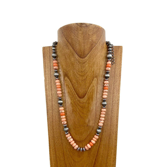 Faux Navajo Pearl with Orange Stone Bead Necklace