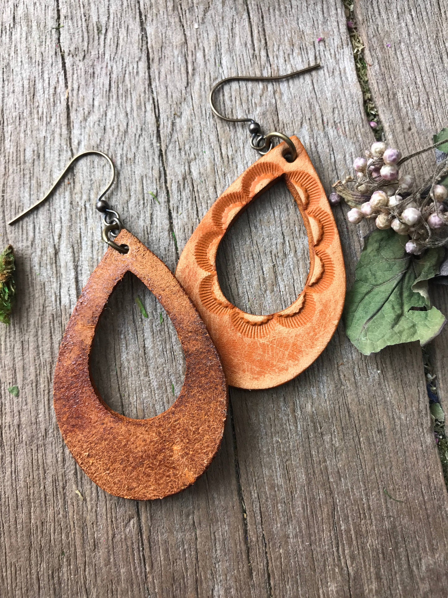 Tooled Leather Teardrop Earrings