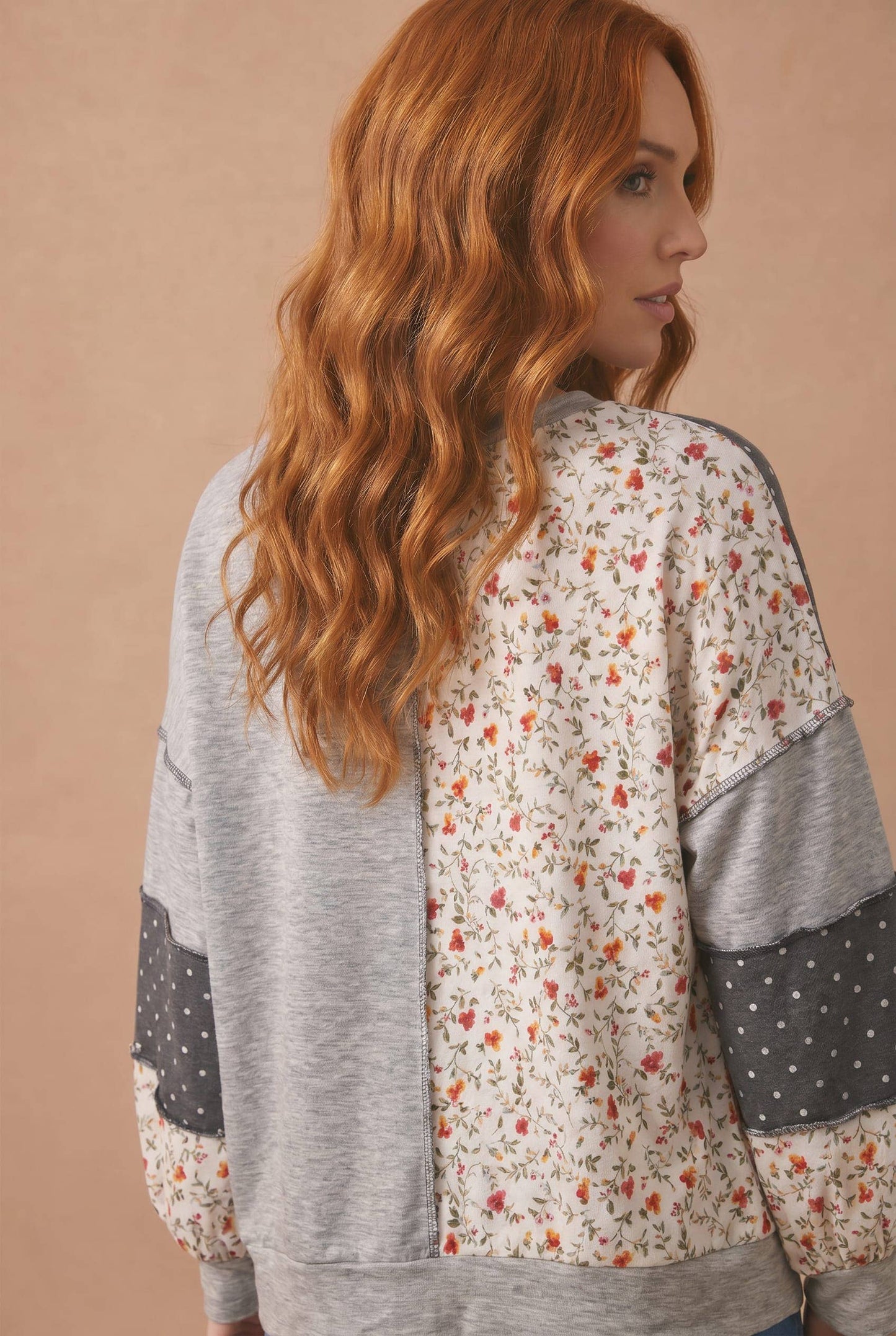 Round Neck Mixed Print Patchwork Pullover