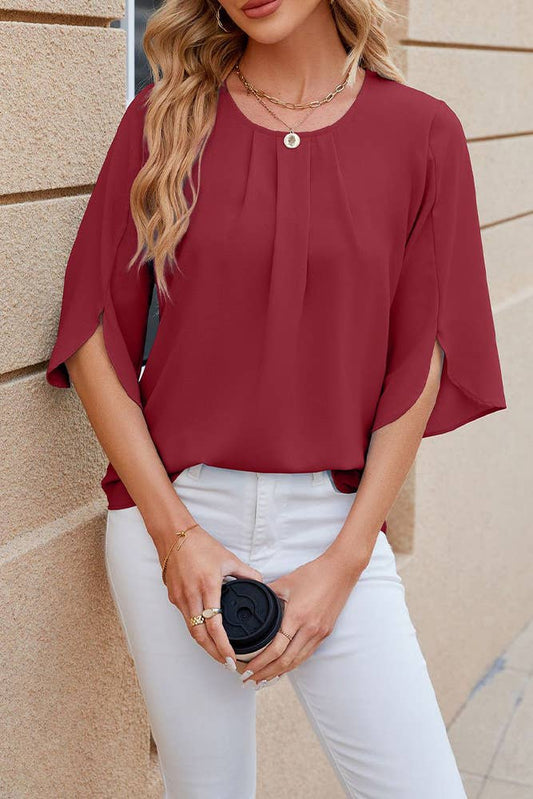 Round Neck Slit Half Sleeve Blouse