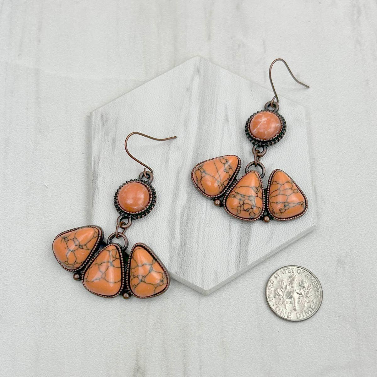 Copper Metal Dangle Earrings with Orange Turquoise Stone