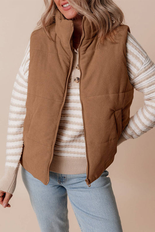 Coffee Corduroy Zipped Puffer Vest