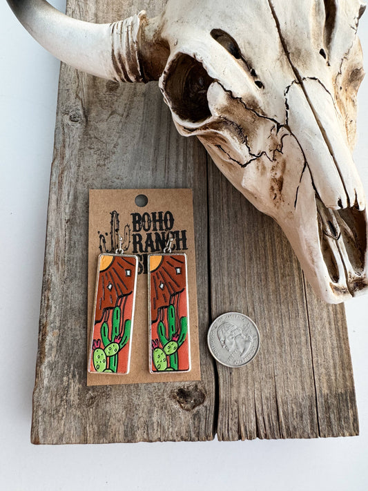Leather Cactus Bar Earrings