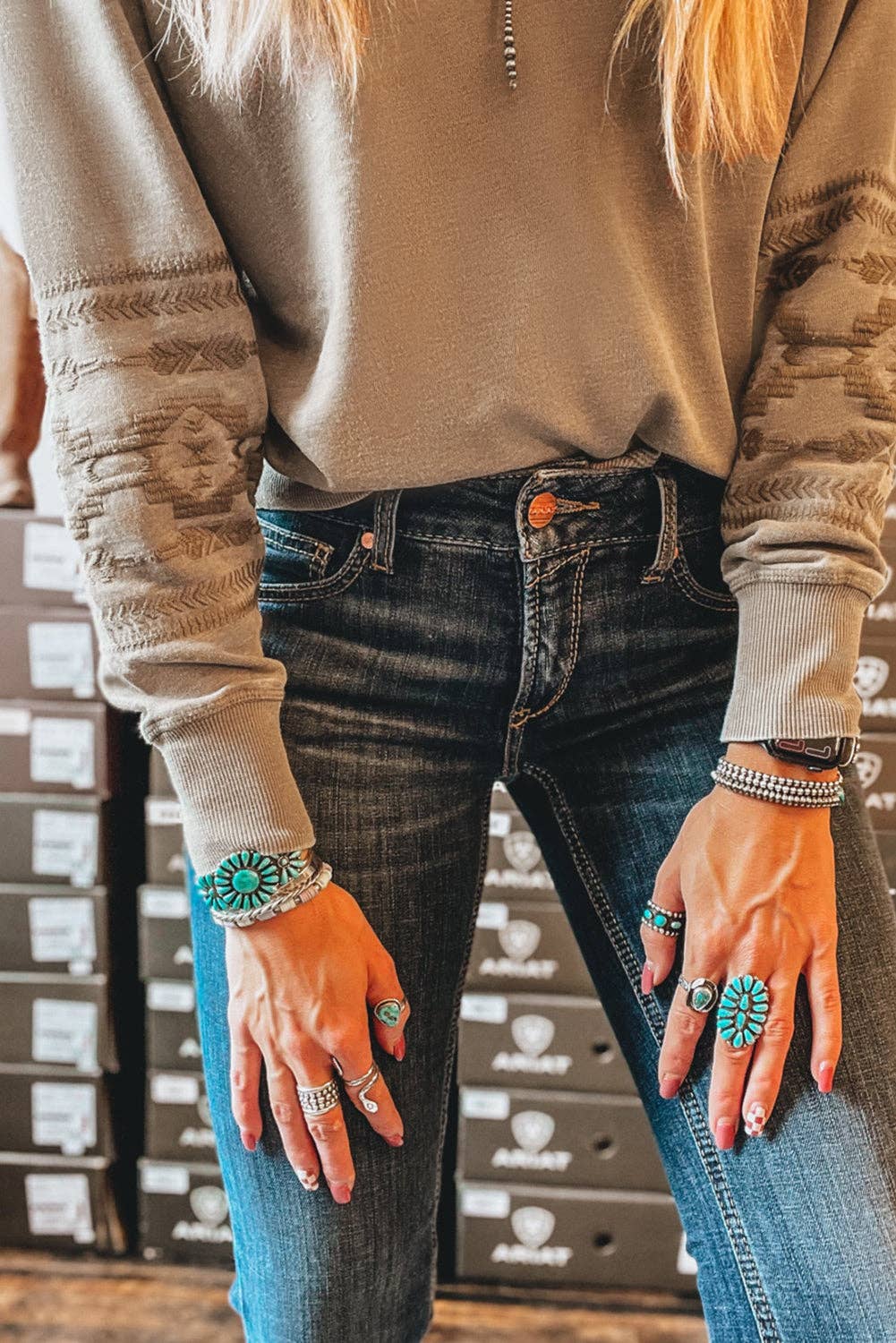 Aztec Embroidered V-Neck Sweatshirt