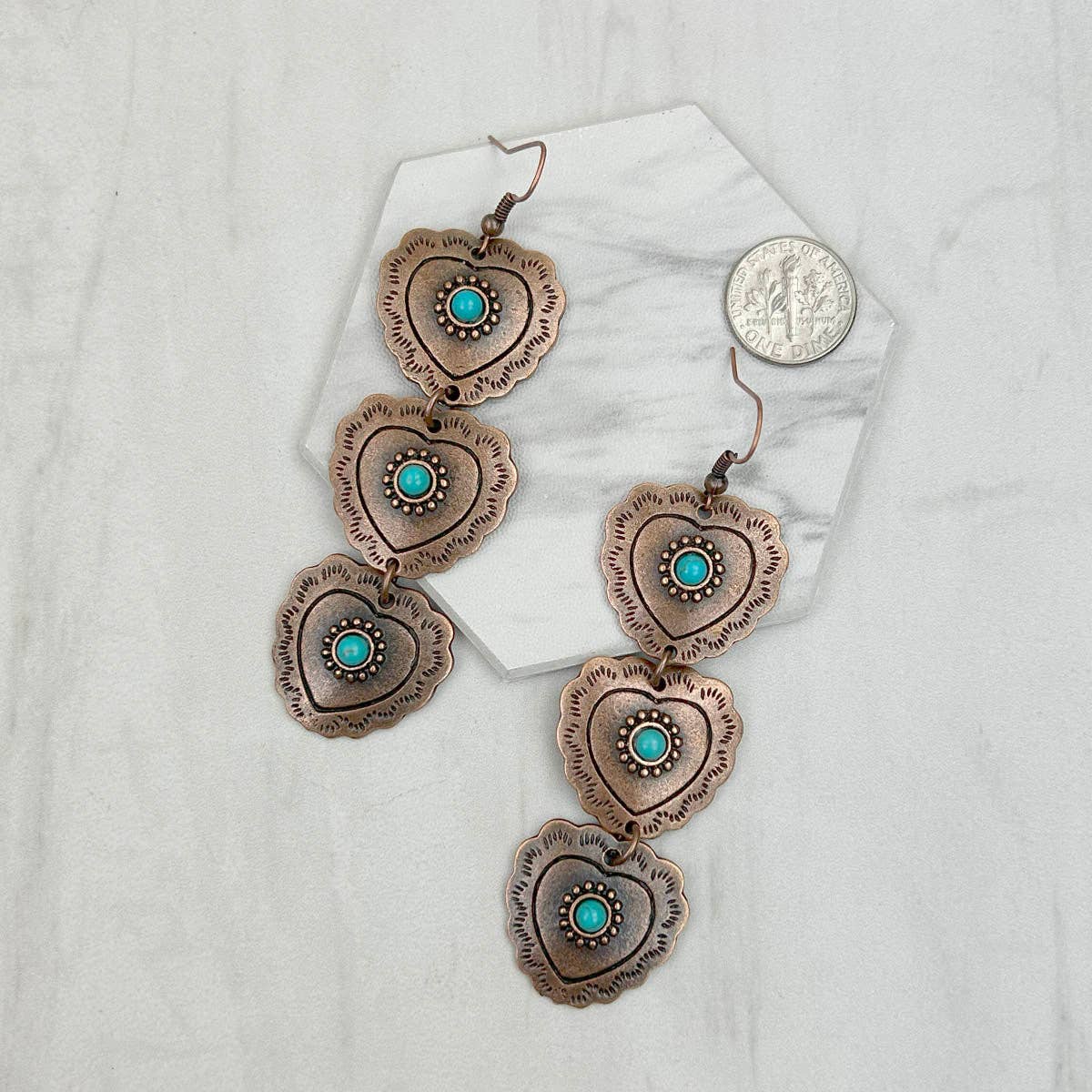 Copper Heart Dangle Earrings with Faux Turquoise Stone