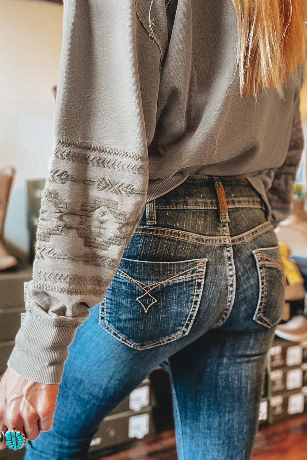 Aztec Embroidered V-Neck Sweatshirt