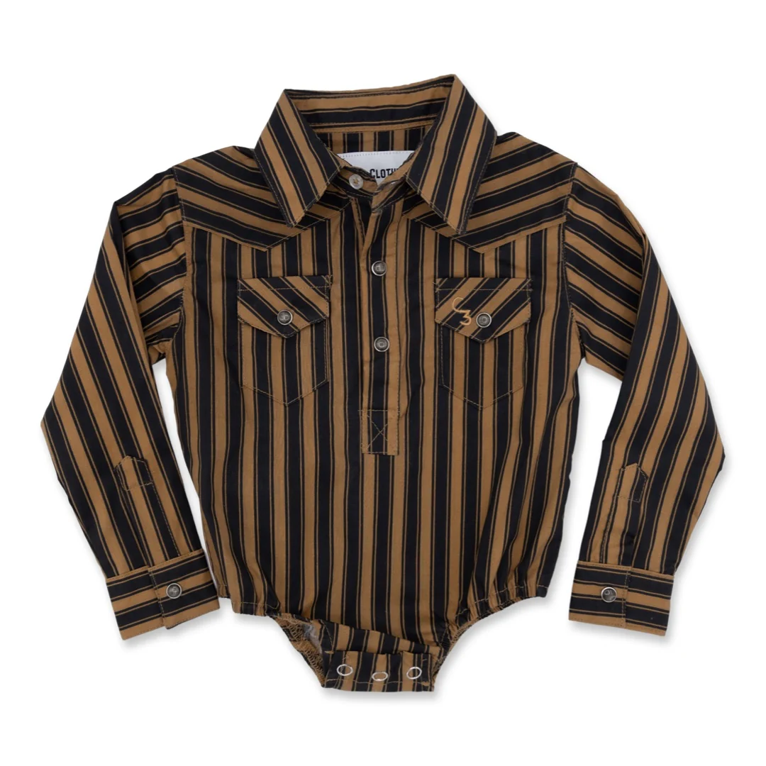 Black & Gold Stripe Long Sleeve Pearl Snap Onesie
