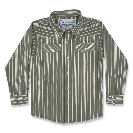 Vintage Green Stripe Long Sleeve Pearl Snap