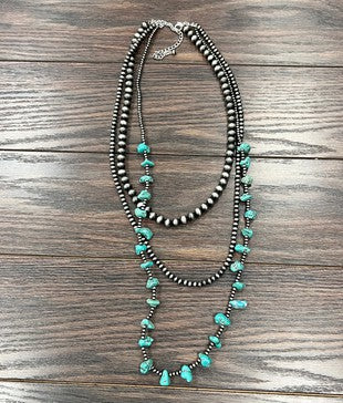 Three Strand Faux Navajo Bead & Turquoise Chunk Necklace