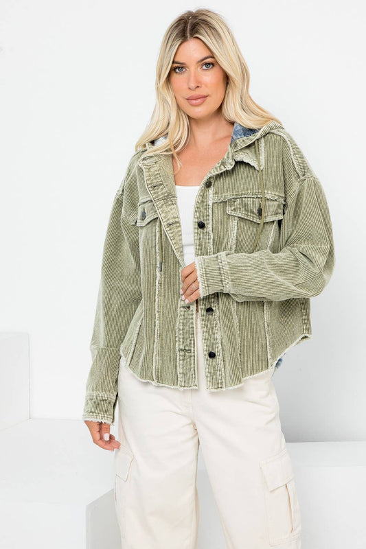 Washed Corduroy Crop Hooded Jacket