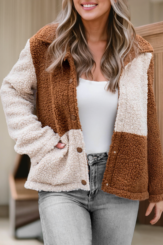 Brown Color Block Sherpa Button Up Jacket